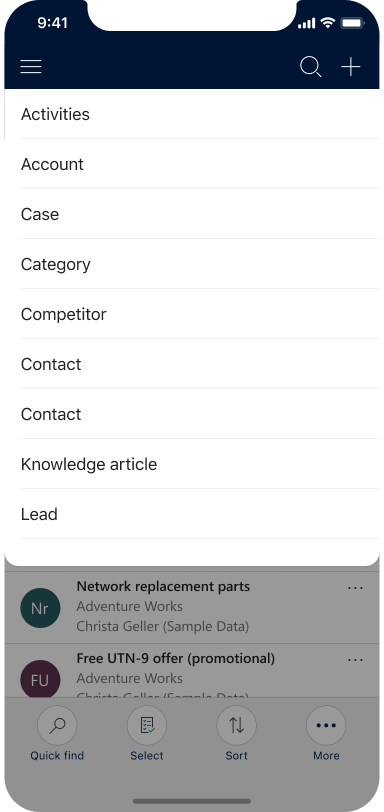 Menu de création rapide du modèle d’application mobile