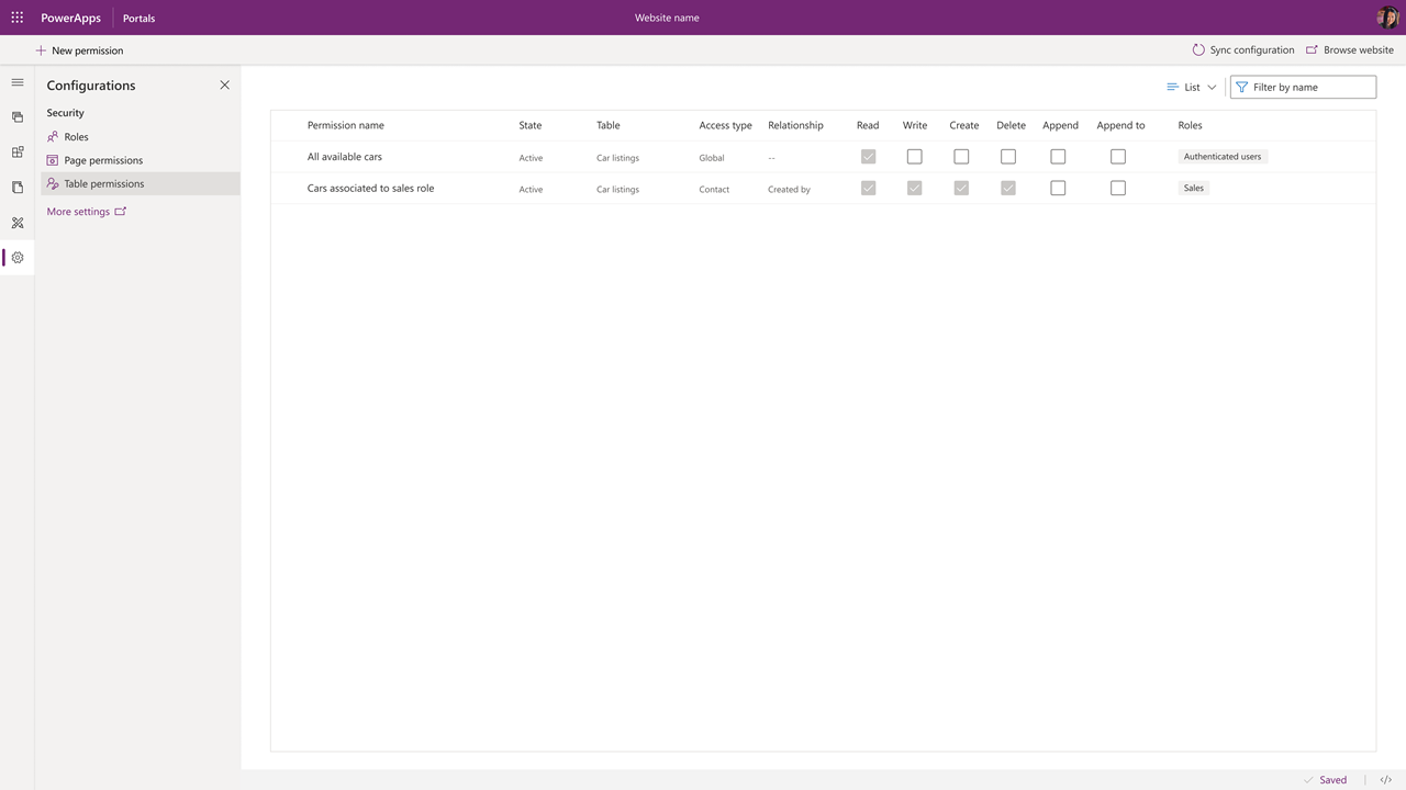 Vue de synthèse des autorisations d’entité configurées pour un portail.