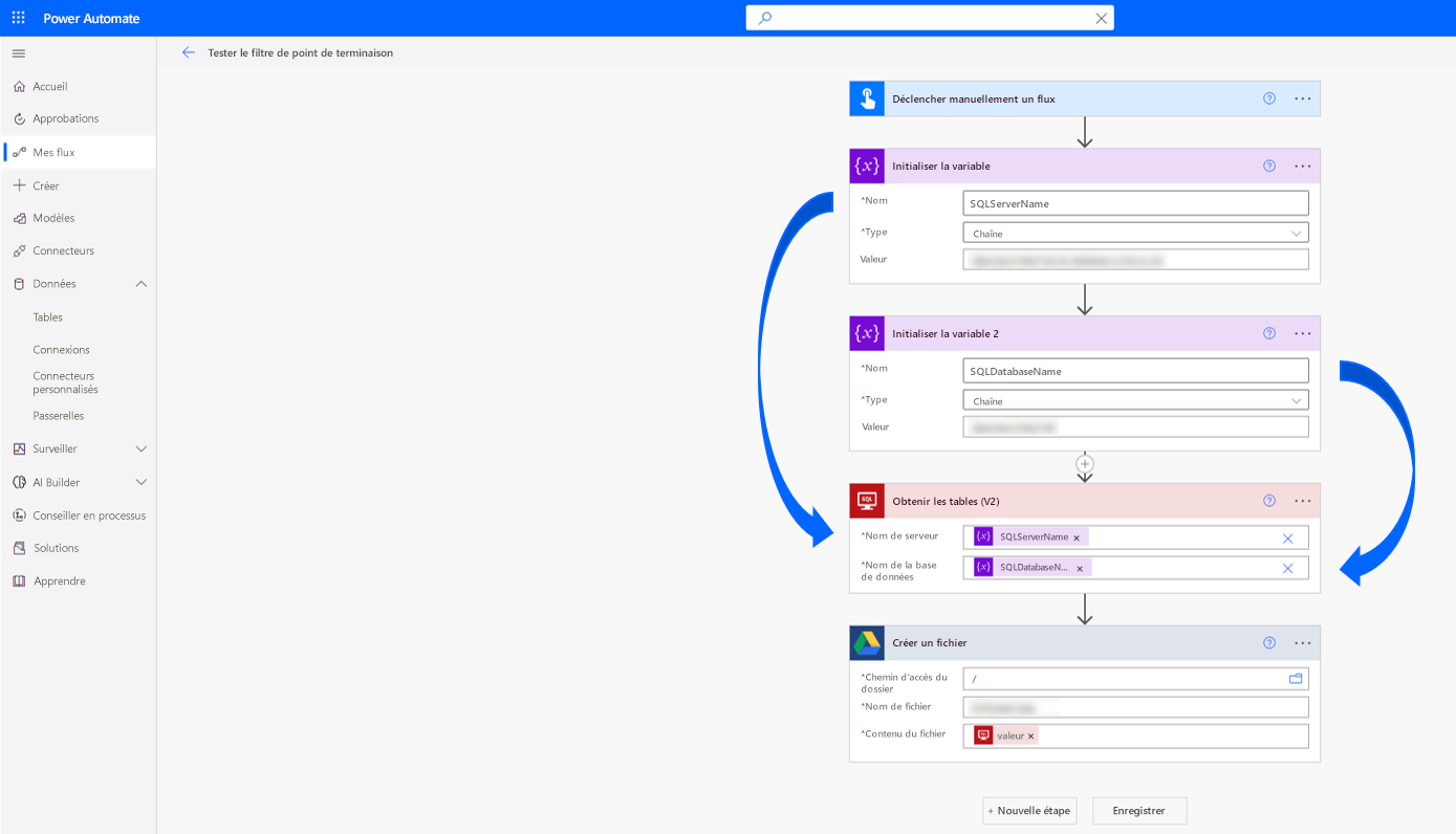 Le flux de cloud utilise des variables pour se connecter à SQL.