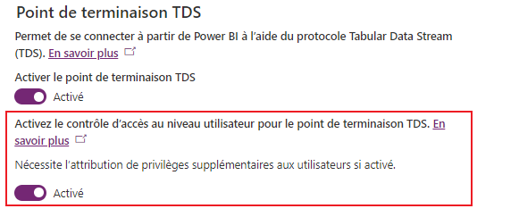 Paramètre Activer le contrôle d’accès au niveau de l’utilisateur pour le point de terminaison TDS