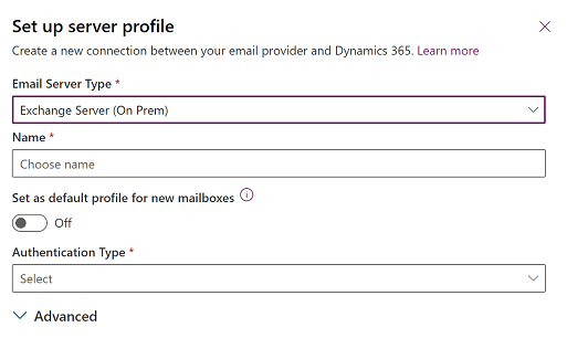 Capture d’écran de la sélection du profil de serveur Exchange Server local