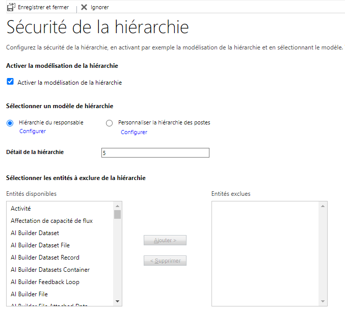 Capture d’écran montrant où configurer la sécurité de la hiérarchie dans l’interface utilisateur héritée.