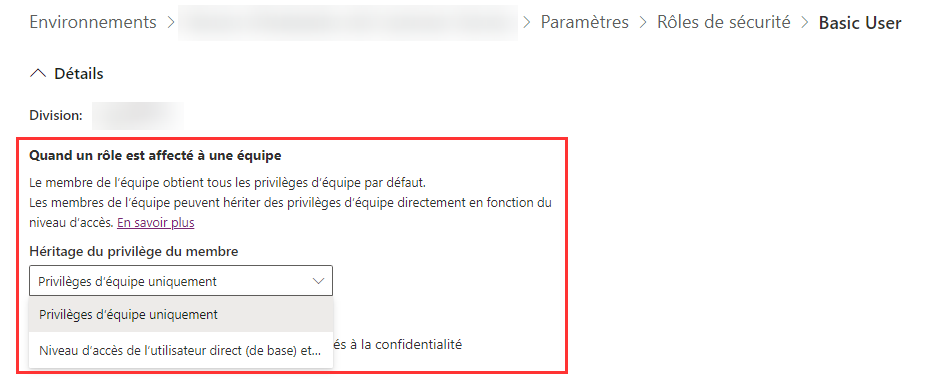 Capture d’écran de l’option Héritage des privilèges du membre dans l’éditeur de rôle de sécurité.