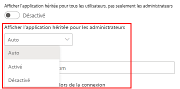 Afficher l’application héritée pour les administrateurs