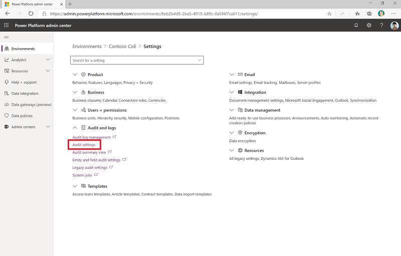Activer l’audit dans les centres d’administration Power Platform.