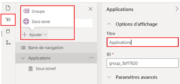 Configurez la navigation de l’application (plan du site) pour afficher les éléments dans le menu de votre application afin de définir des groupes et des sous-zones.