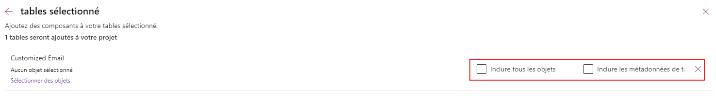 Capture d’écran montrant les cases à cocher Inclure tous les objets et Inclure les métadonnées de la table