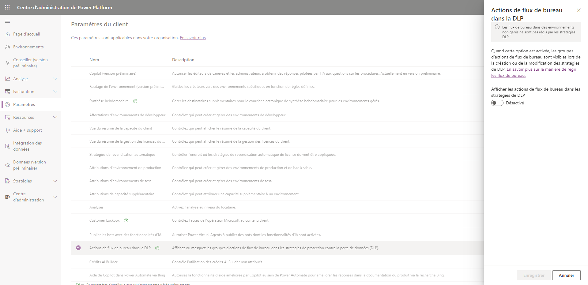 Capture d’écran des actions du flux de bureau dans le volet DLP du centre d’administration Power Platform.