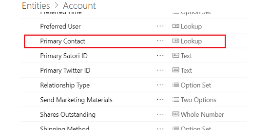 Liste partielle des champs de la table Account dans Dataverse for Apps, avec mise en surbrillance de « contact principal » comme champ de liste de choix