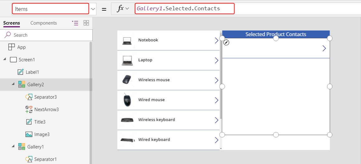 Configurez la Propriété ContactsGallery – Items.