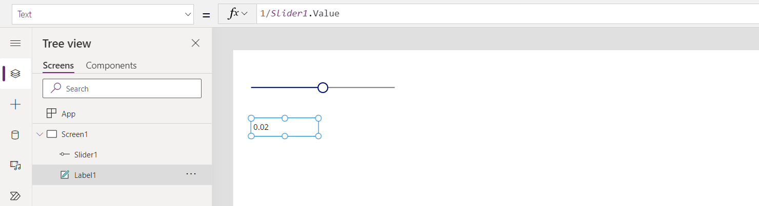 Contrôles Label et Slider liés par la formule Label1.Text = 1/Slider1.Value.