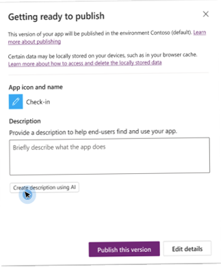 La boîte de dialogue de publication du créateur d’applications canevas s’affiche avec une option pour « Créer une description en utilisant l’IA »
