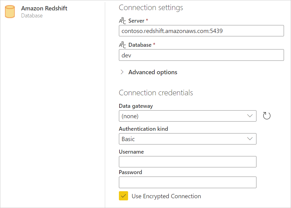 Image de la page de connexion, avec les exemples de nom de serveur, de port et de nom de base de données entrés.