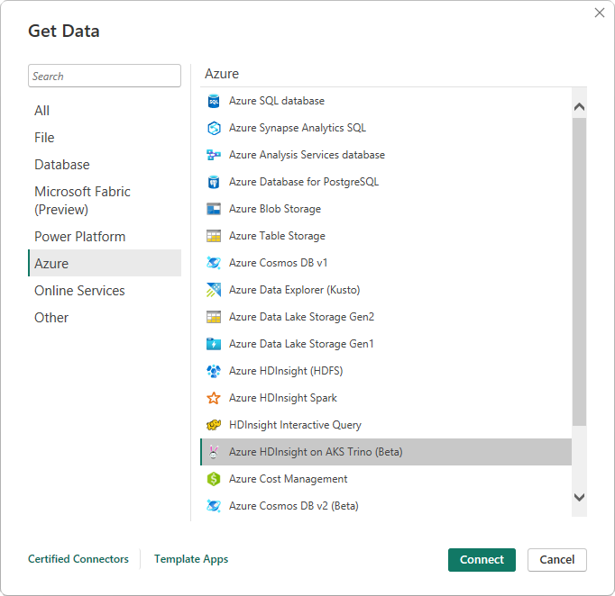 Capture d’écran de la boîte de dialogue Obtenir des données, avec la catégorie Azure et le connecteur Azure HDInsight sur AKS Trino mis en évidence.