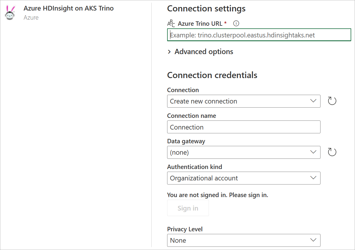 Capture d’écran de la boîte de dialogue de connexion pour Azure HDInsight sur AKS Trino.