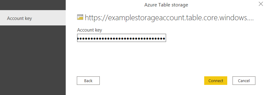 Capture d’écran de la boîte de dialogue Stockage Table Azure, montrant une clé de compte saisie dans l’espace.