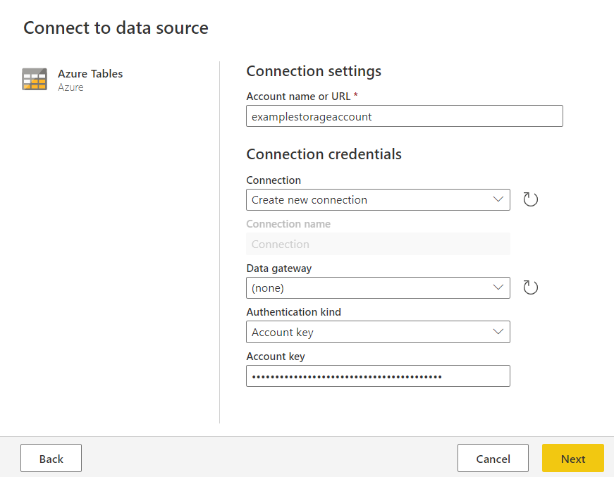 Capture d’écran de la fenêtre Stockage Table Azure dans Power Query en ligne.