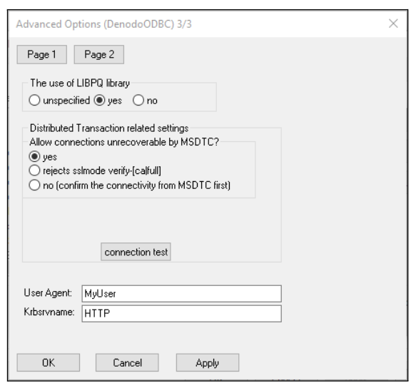 Page Options avancées dans la configuration de Denodo DSN.