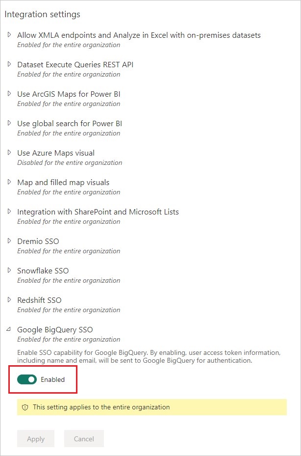 Capture d’écran de l’option Google BigQuery SSO avec le bouton Activé activé.