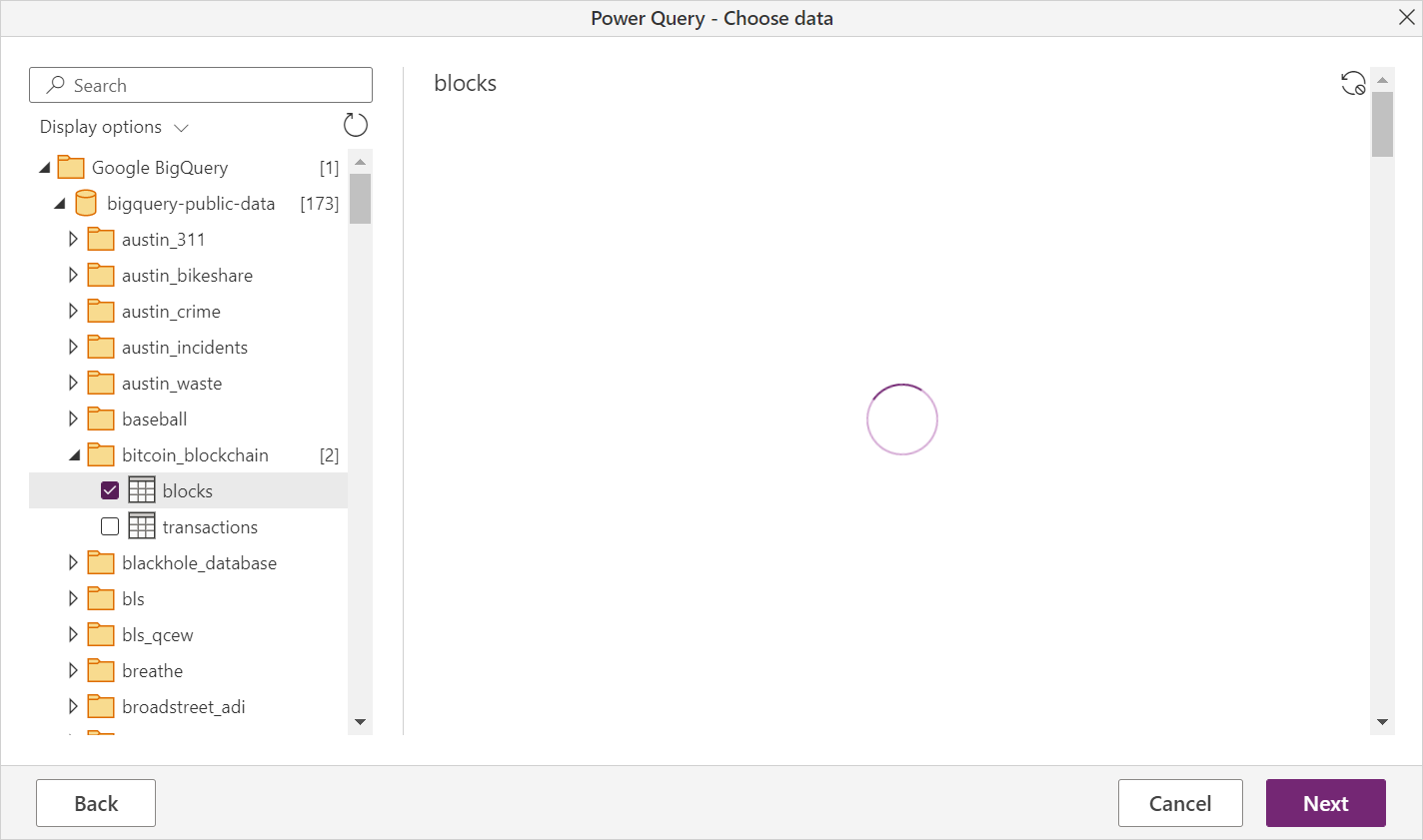 Image du navigateur Power Query chargeant les données Google BigQuery sur l’application en ligne.