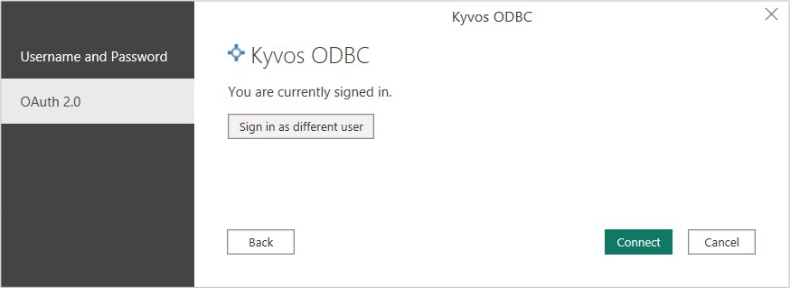 Capture d’écran de la boîte de dialogue Se connecter, montrant la sélection du connecteur ODBC Kyvos.