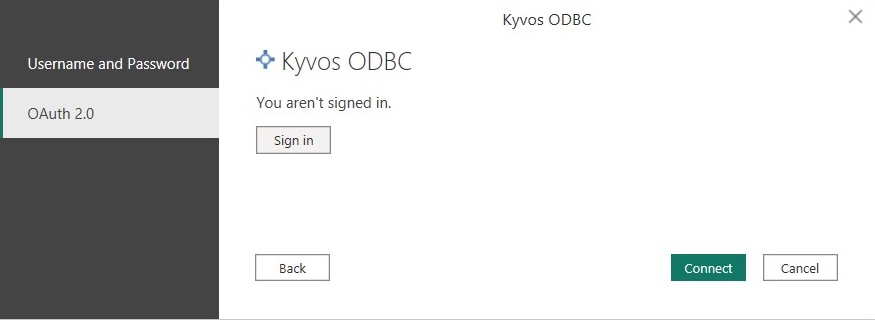 Capture d’écran de la boîte de dialogue OAuth2_0, montrant la sélection du connecteur ODBC Kyvos.