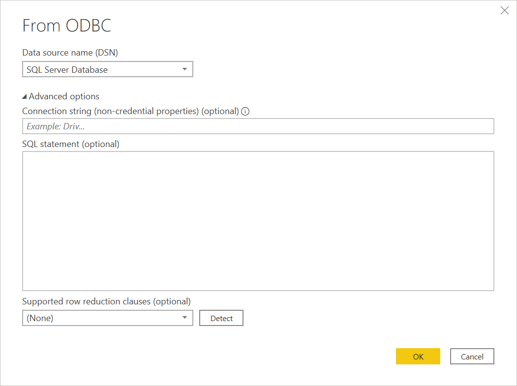 Options avancées d'ODBC.