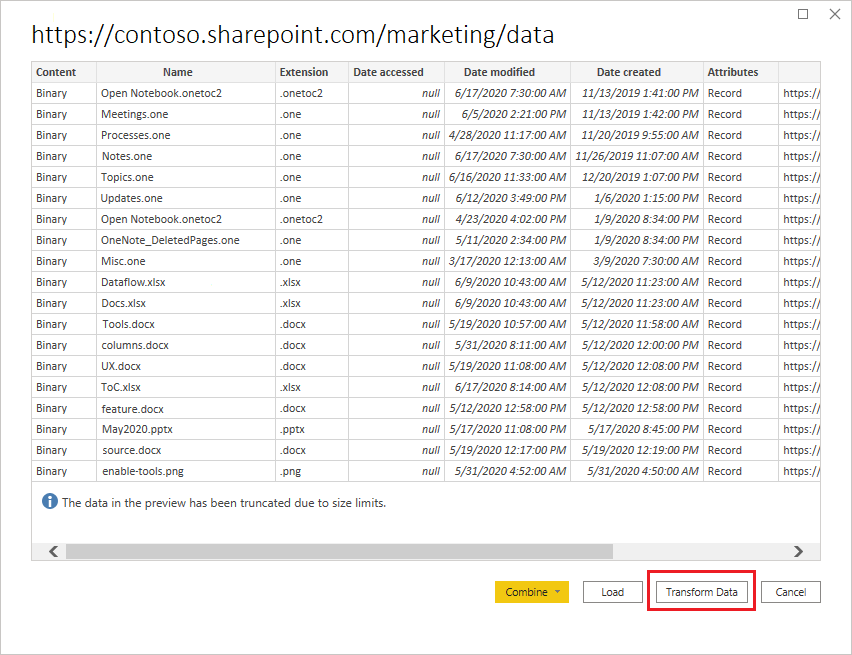 Liste des fichiers du dossier SharePoint.