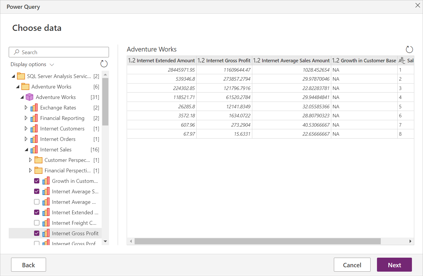 Navigateur Power Query Online montrant certaines données du point de vue financier.