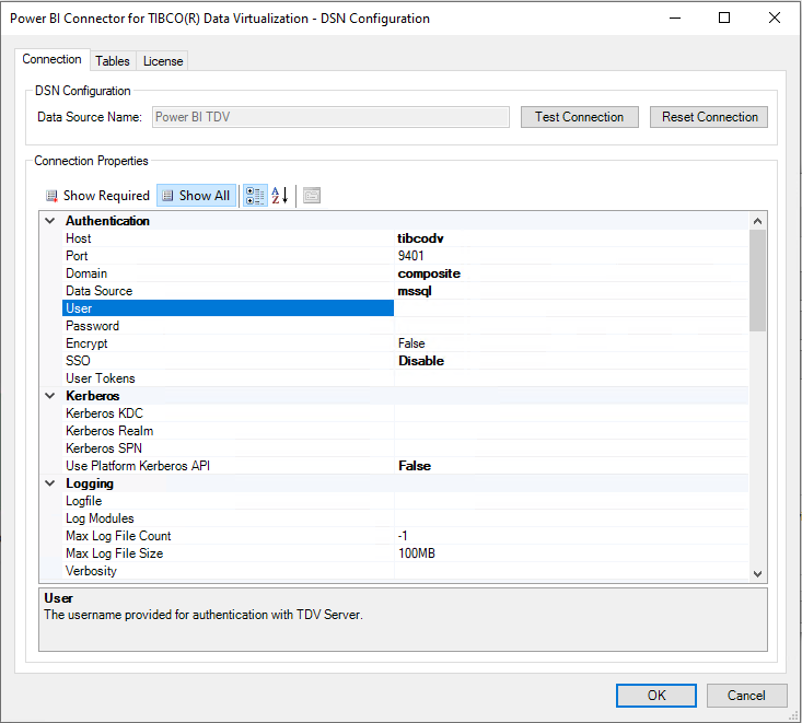 Configuration du nom de source de données de TDV.