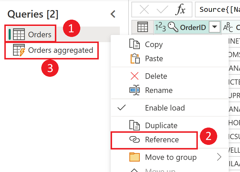 Image montrant la requête Commandes avec l’option Référence utilisée pour créer une nouvelle requête nommée Commandes agrégées.