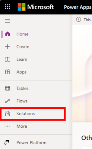 Capture d'écran de la page d'accueil Power Apps avec la sélection Solutions mise en évidence.