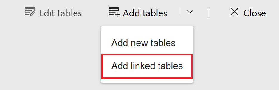 Capture d’écran montrant l’ajout de tables liées à partir du menu dans le service Power BI.