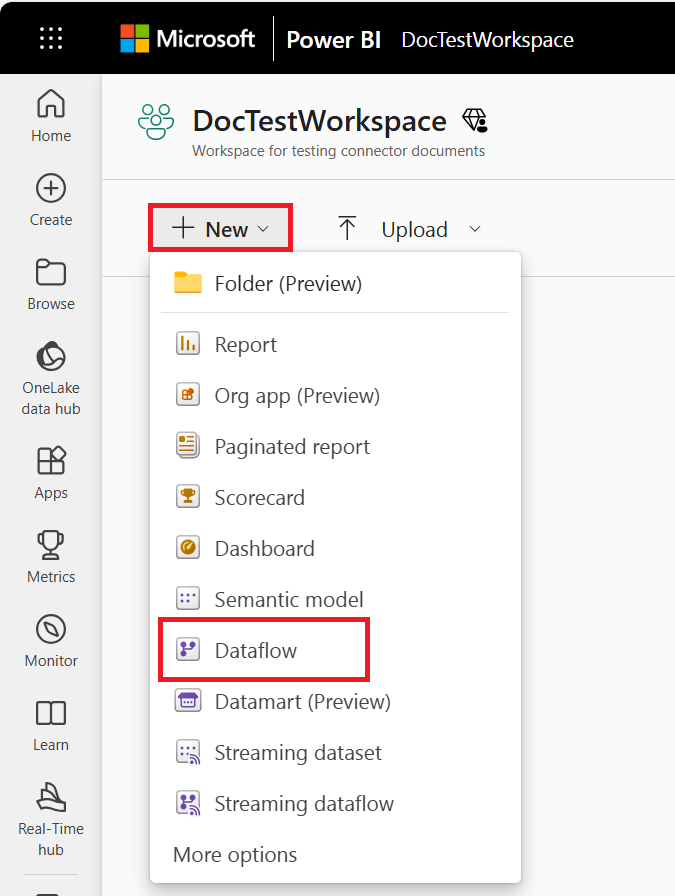 Capture d’écran de l’espace de travail du service Power BI avec les étapes mettant en évidence la création d’un flux de données analytique dans Power BI.