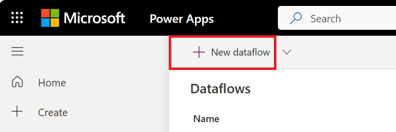 Capture d’écran de l’interface utilisateur Power Apps montrant l’option Nouveau flux de données pour la création d’un flux de données standard.