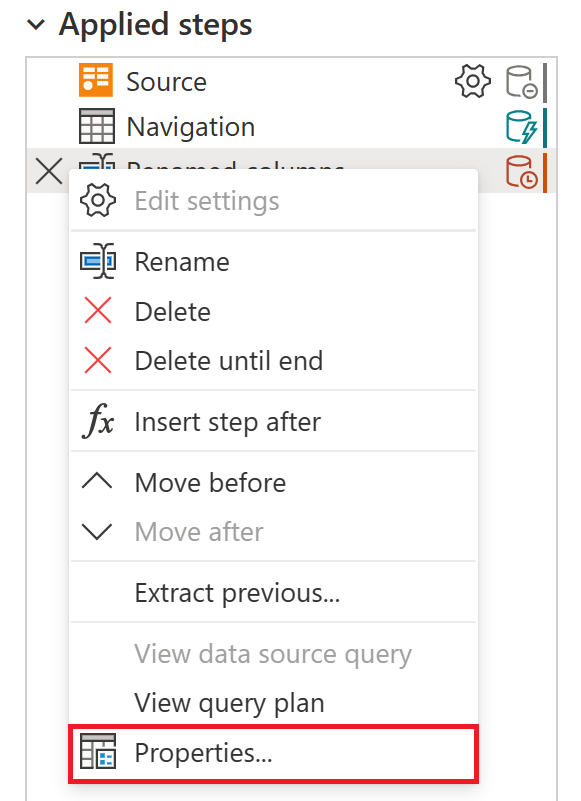 Capture d'écran du menu d'étape avec l'option Propriétés mise en évidence.