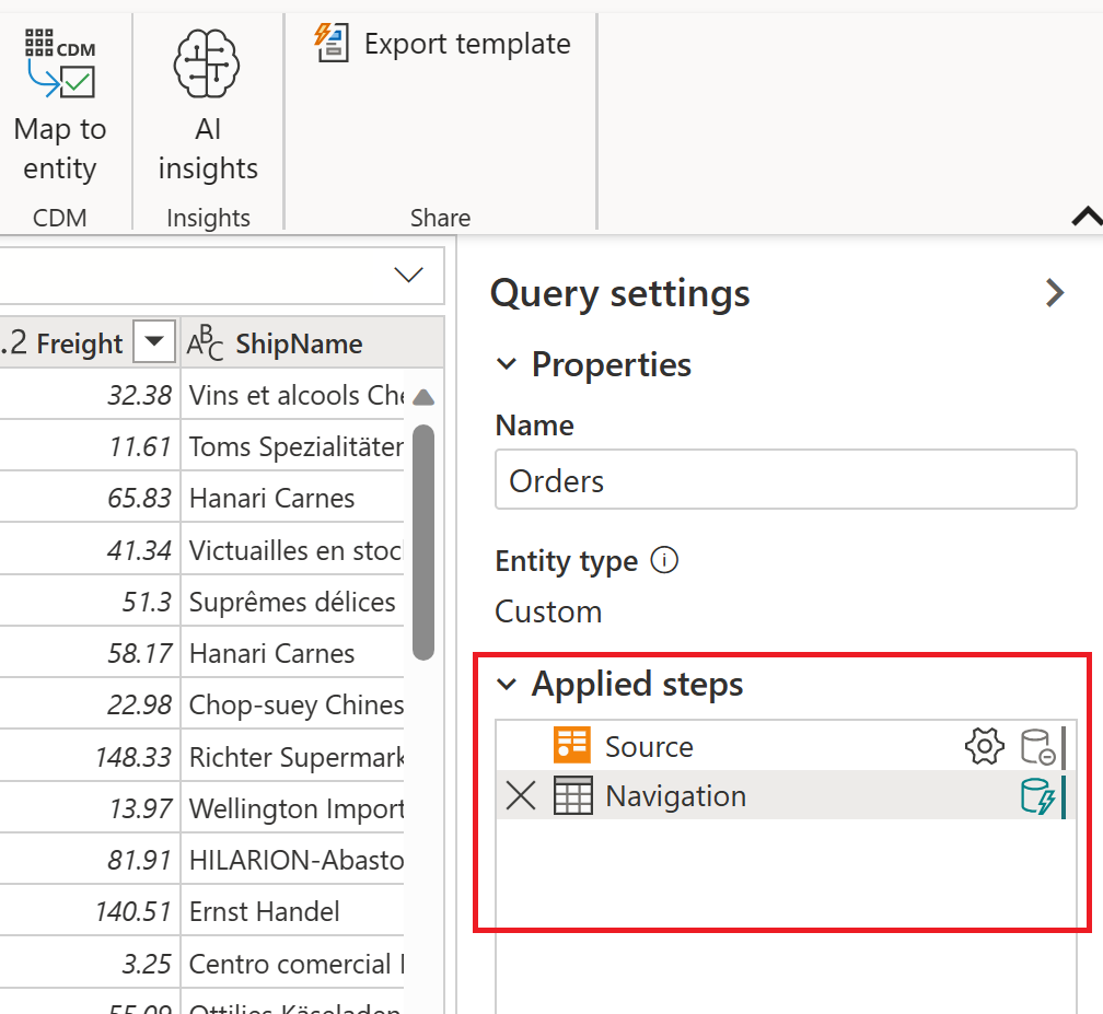 Capture d'écran de l'éditeur Power Query en ligne, avec la section Étapes appliquées en bas à droite mise en évidence.