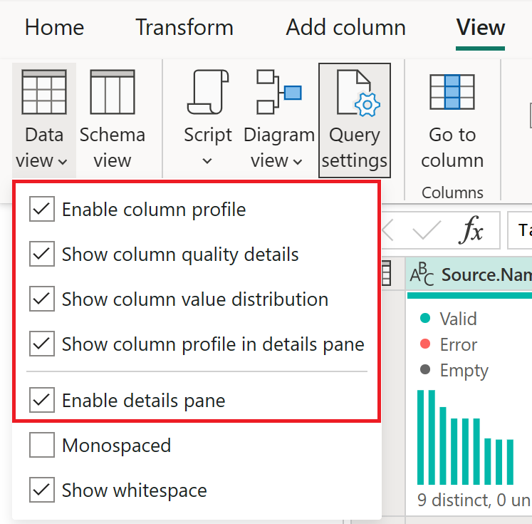 Capture d’écran des outils de profilage des données sélectionnés sous l’onglet Vue de données de Power Query.