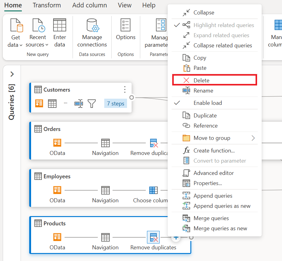 Capture d’écran de l’option supprimer dans le menu contextuel de requête mis en évidence.