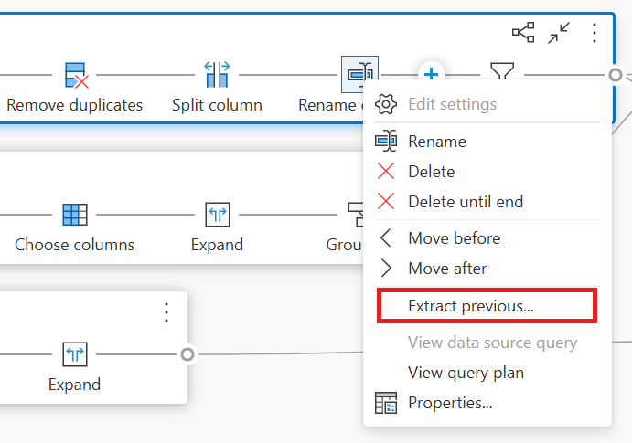 Capture d’écran de l’option Extraire l’option précédente dans le menu contextuel au niveau de l’étape après avoir cliqué avec le bouton droit sur une étape.