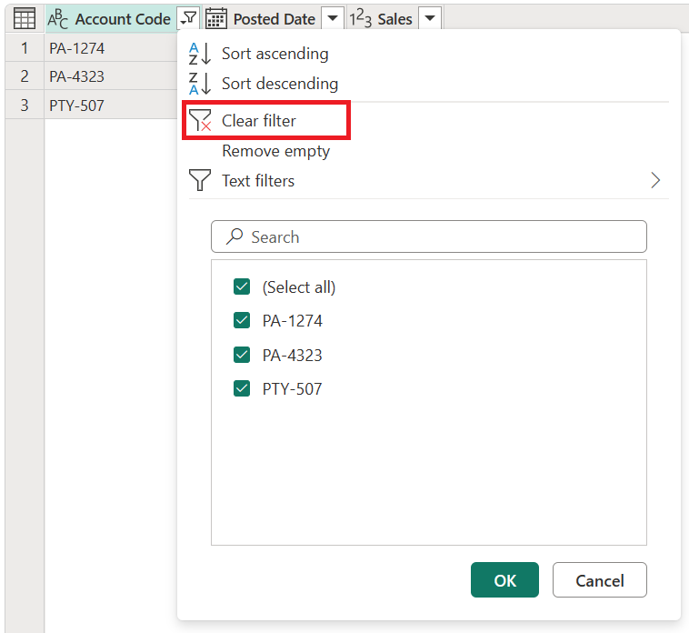 Capture d’écran de l’icône de filtre sélectionnée et de l’option Effacer le filtre mise en évidence.