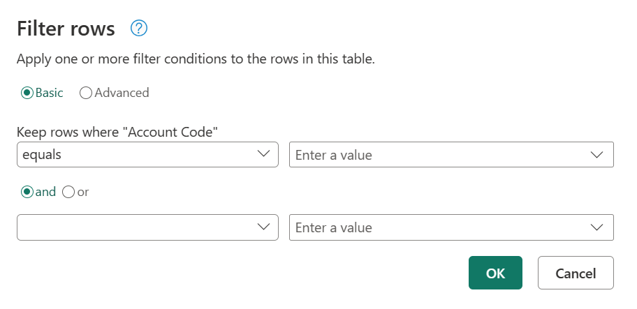 Capture d’écran d’un exemple de boîte de dialogue Filtrer les lignes ouverte pour la colonne de texte Code Compte, avec un filtre défini sur « Commence par ».