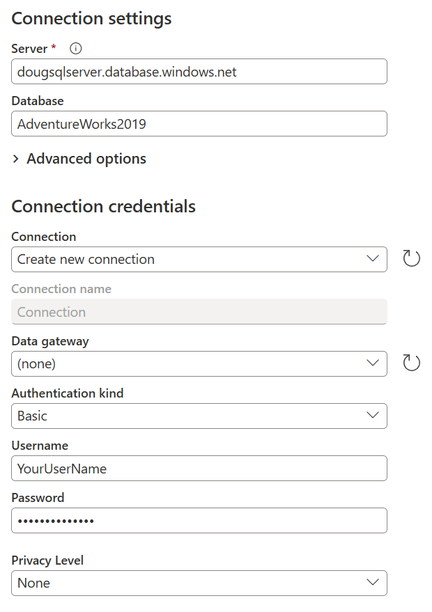 Boîte de dialogue Se connecter à la source de données dans laquelle le nom de la connexion a été choisi dans le menu déroulant à l’intérieur du champ Connexion.