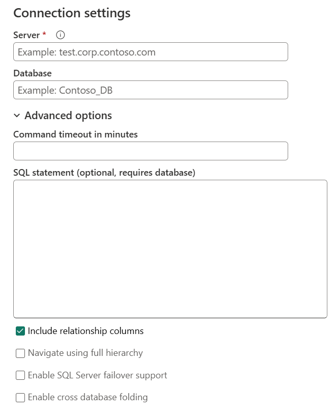 Capture d’écran de la boîte de dialogue Se connecter à la source de données avec la section Options avancées développée.