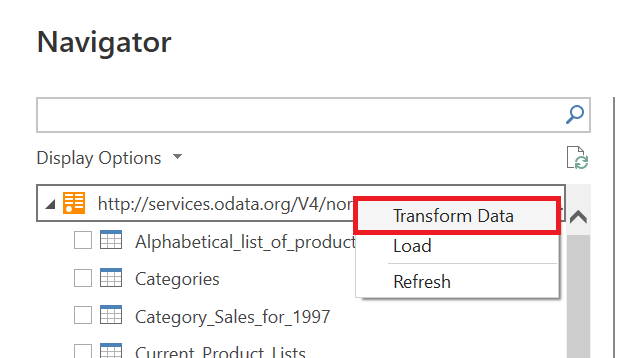 Capture d’écran du navigateur avec transformation de données dans le menu déroulant mis en évidence.