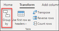 Capture d’écran du ruban Power Query avec l’option Grouper par mise en évidence dans l’onglet Transformer.