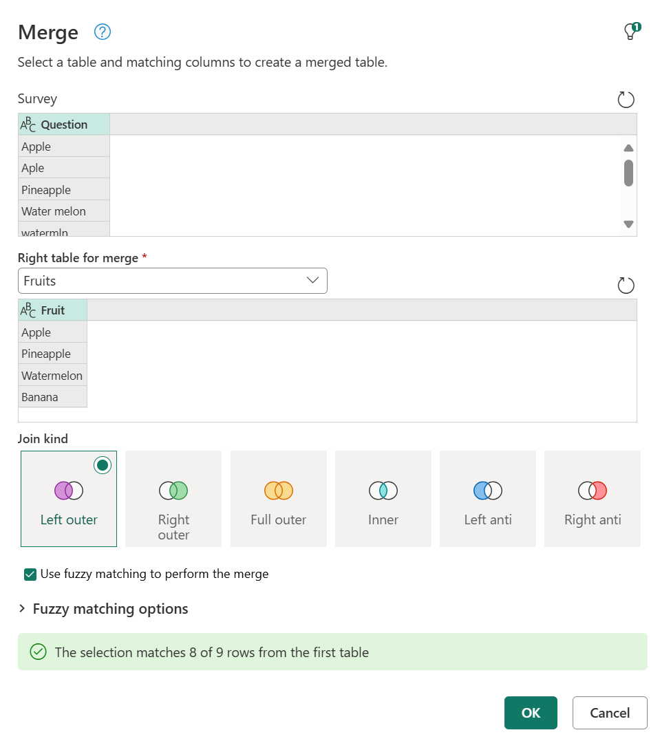 Capture d’écran de la boîte de dialogue Fusionner montrant comment utiliser la correspondance approximative pour effectuer l’option de fusion.