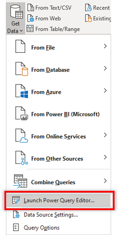 Lancer l’éditeur Power Query dans Excel à partir de la liste déroulante Obtenir les données.