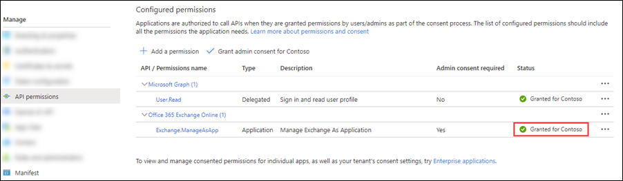 Consentement administrateur accordé pour les autorisations Exchange.ManageAsApp.