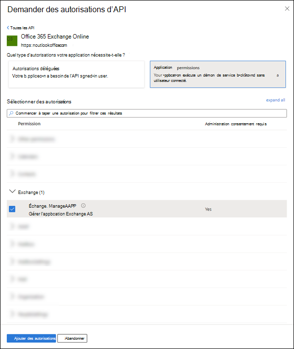 Recherchez et sélectionnez Exchange.ManageAsApplication permissions (Autorisations d’application) sous l’onglet Autorisation de l’application.